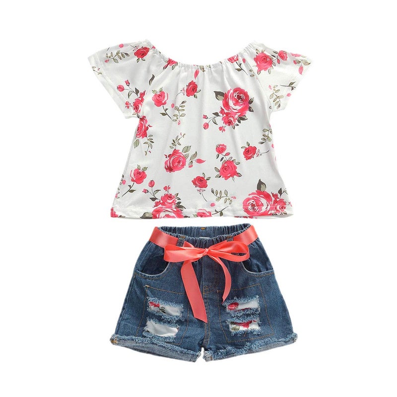 Bmnmsl Baby Toddler Girls Floral Short Sleeve Tops T-Shirt Vest & Denim Shorts Set Kids 1T 2T 3T 4T 5T 6T Clothes Summer Outfits (1, 4T) - Image 1